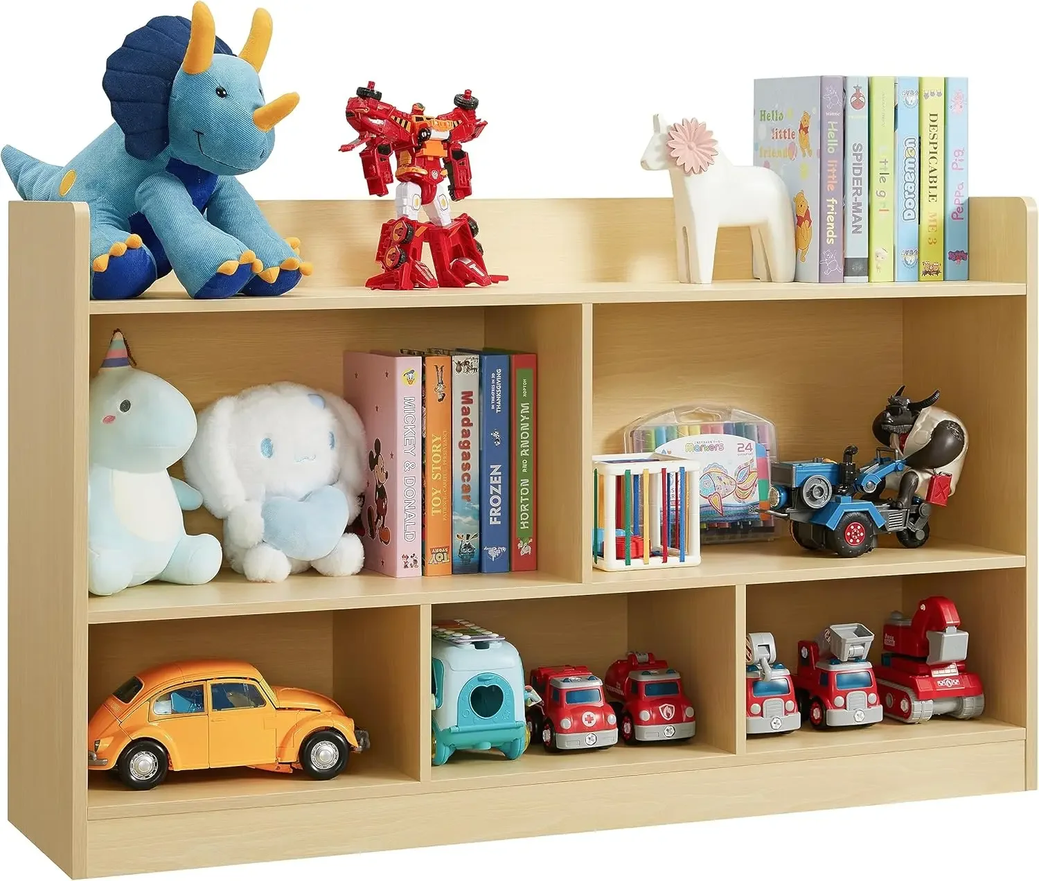 Toy Storage Organizer, 5-Section Bookshelf for Organizing Books Toys, Wooden Storage Cabinet Daycare Furniture for School,