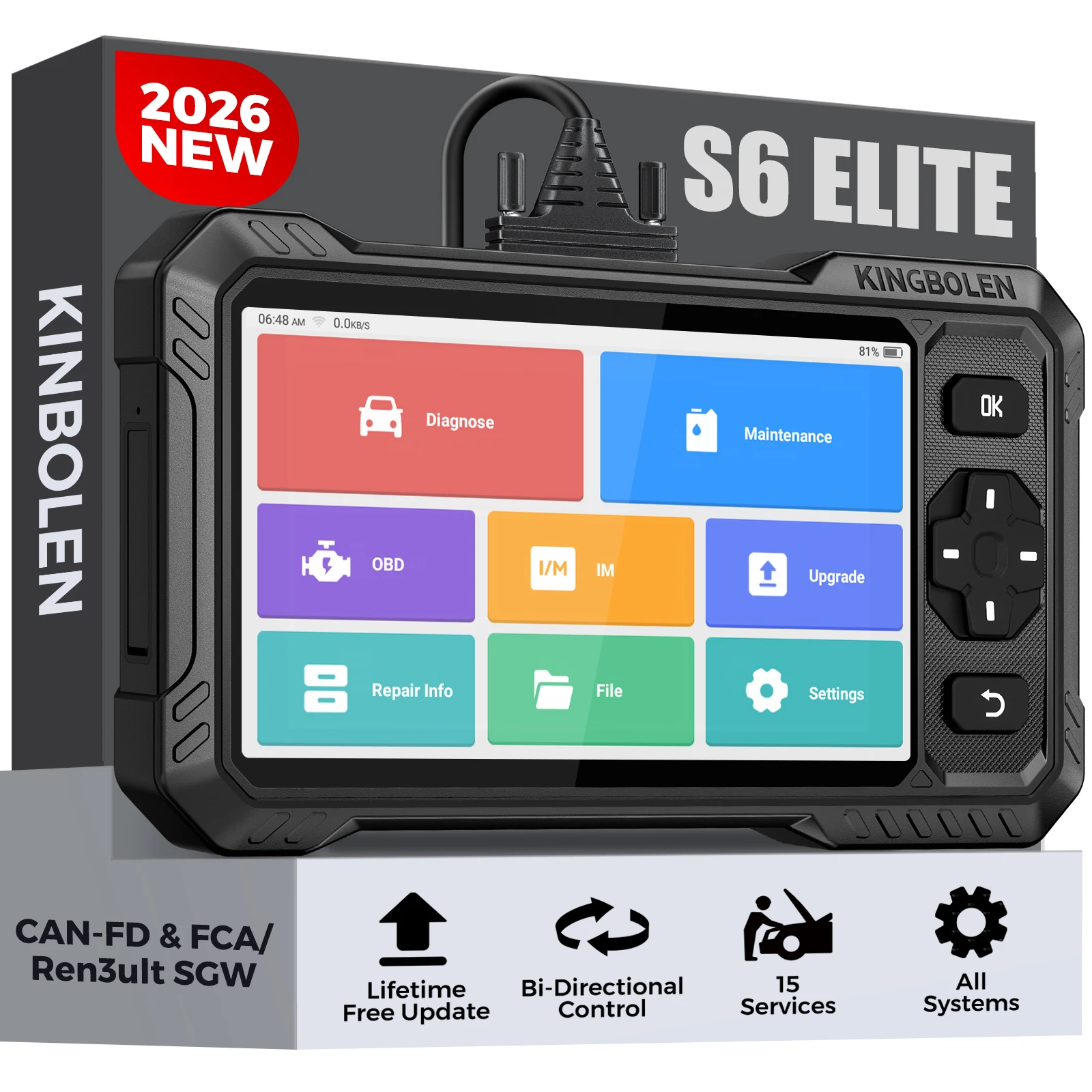 Scanner bidirectionnel KINGBOLEN S6 Elite 2026 avec mises à jour gratuites à vie, CANFD, 15 fonctions de réinitialisation, diagnostic complet du système automobile, version améliorée du S6
