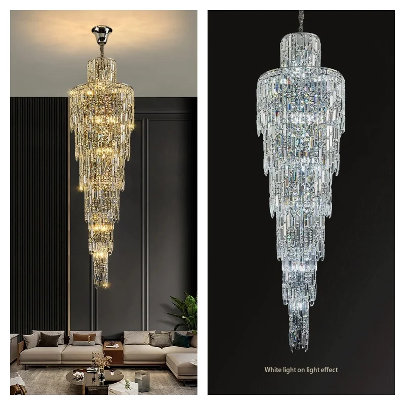 

Villa Living Room Crystal Chandelier Hotel Hall Luxury Lighting for Duplex Floor Rotating Staircase Long Chandelier Decoration