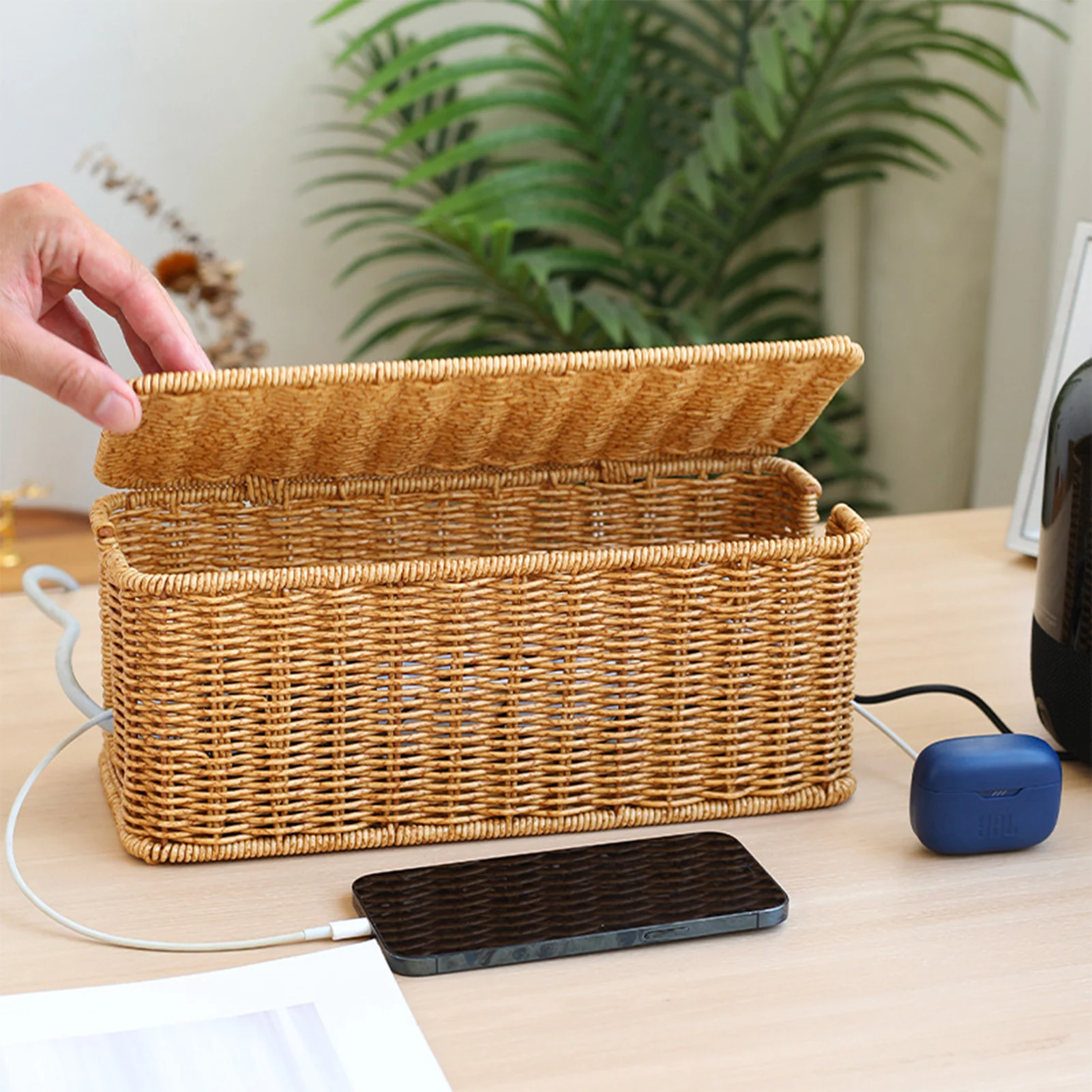 Hand-Woven Charging Station Storage Box Cable Management Basket for USB Cables Data Cables Organizer