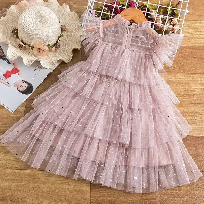 

Sequin Baby Girls Summer Dress 3 6 8 Yrs Ruffles Elegant Birthday Party Princess Dress Casual Tulle Girl Kid's Layered Dress