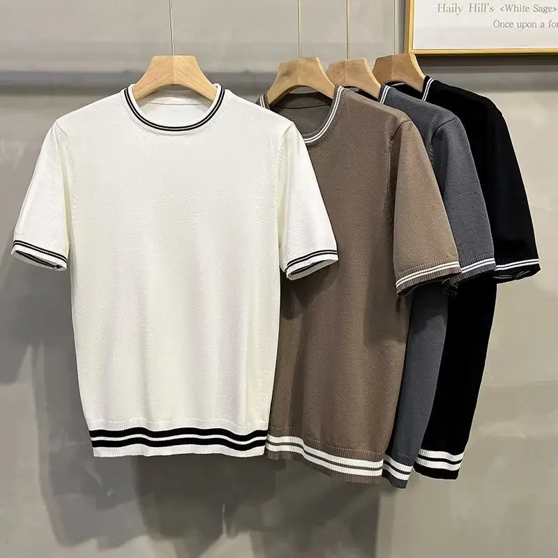 Summer Men's Ice Silk Short Sleeve T-shirt Youth Fashion Stripe Edge Round Neck Thin Knitted Half Sleeve T-shirt Trendy Bottom