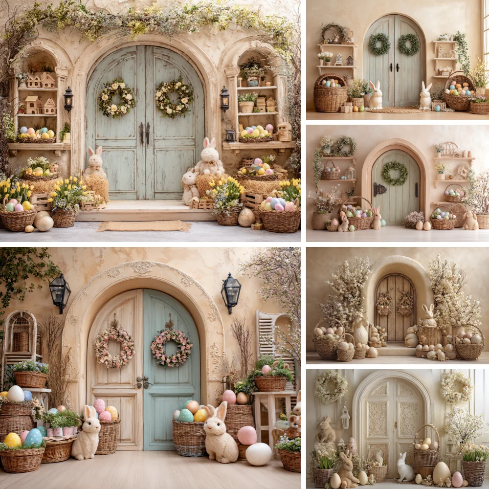 

Easter House With Baskets Full of Pastel Eggs and Bunnies Backdrop Kids Adult Photography Props Child Baby Photocall Backgrounds