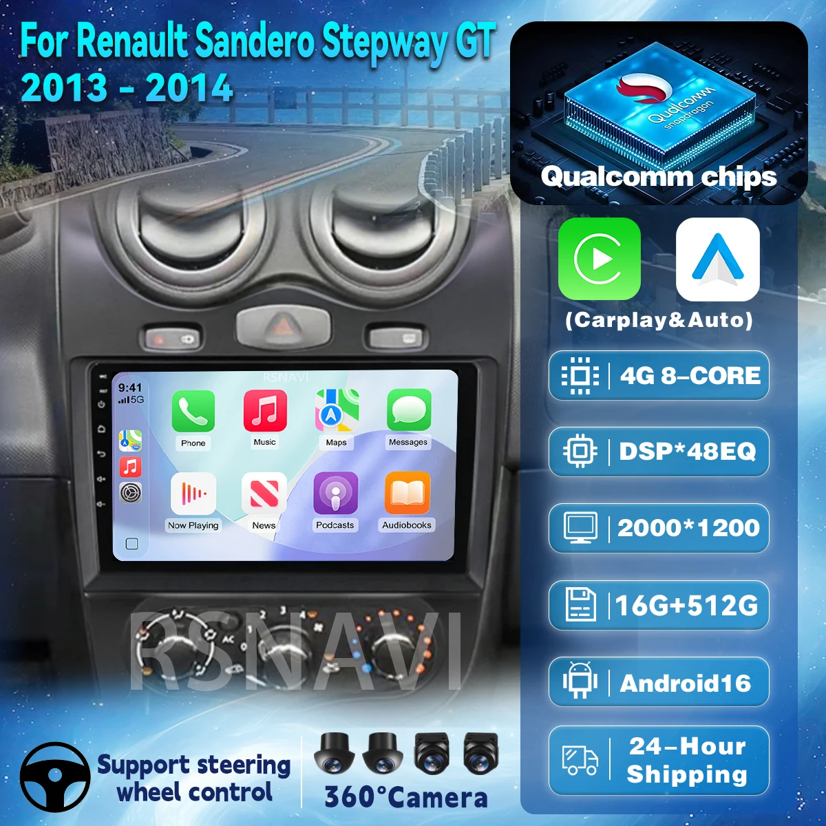 Android 16 Carplay Auto Qualcomm 2K QLED Screen Car Radio Player For Renault Sandero Stepway GT 2013-2014 GPS Multimedia Wifi BT