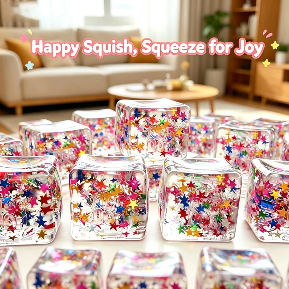 NeeDoh Clear Glitter Cube Squish Toy Colorful Star Sequins Squeeze Fidget Toy Portable Stress Relief Decompression Toy