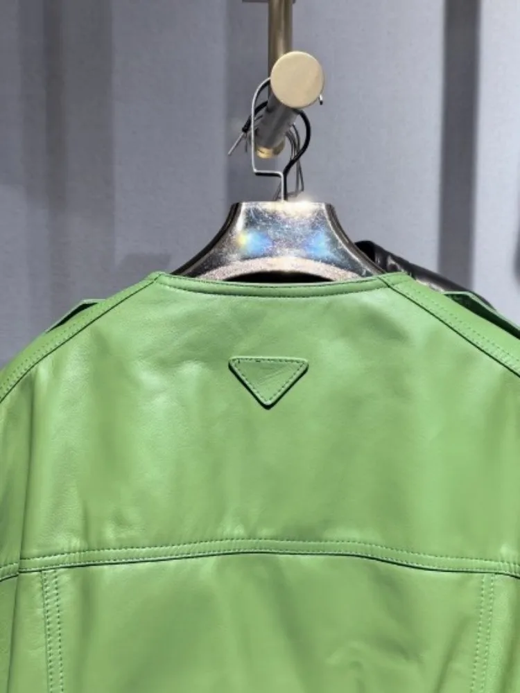 Giacca bomber da donna in vera pelle di alta qualità da ufficio, tinta unita, girocollo, cerniera, maniche lunghe, cappotti slim in pelle di pecora