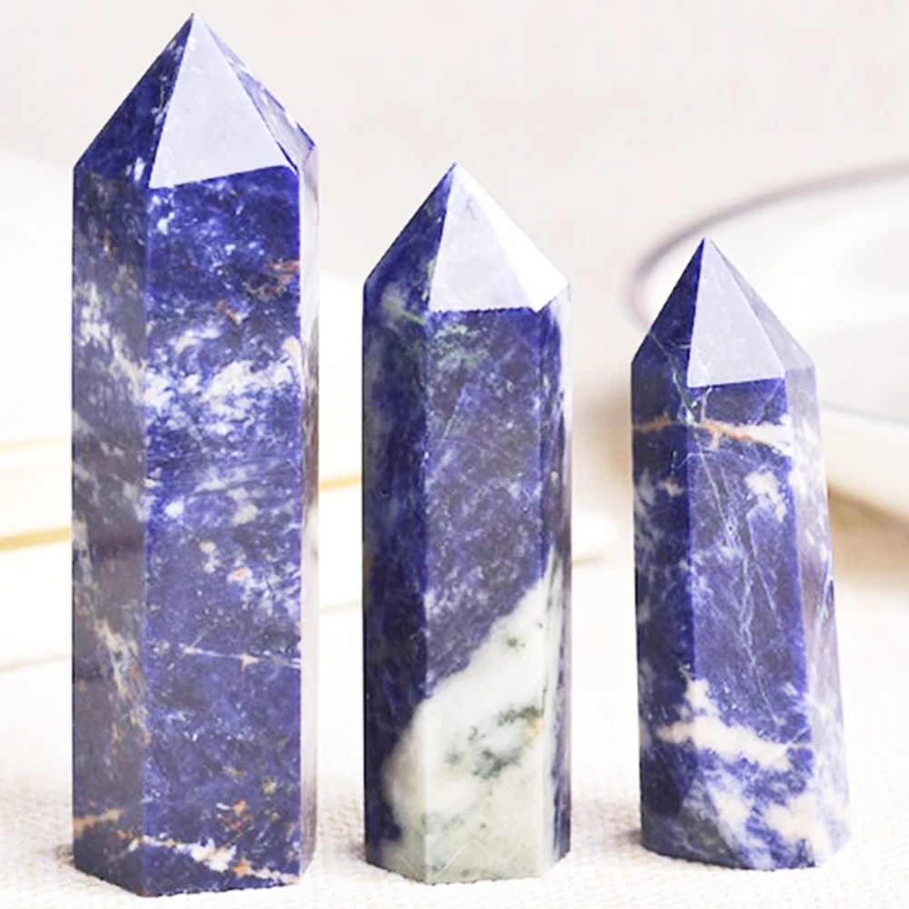 Blue Sodalite Stone Hexagonal Prisms Obelisk Crystal Single Pointed Hexagonal Home Decoration Crystal Tower Crafts Gift