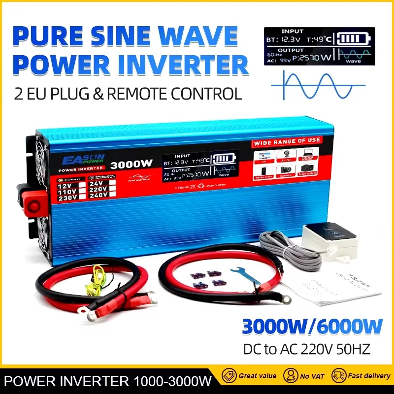 Pure Sines Wave 12v 24v 220v 1000W 2000W 3000W DC a AC Peak 2000W 4000W 6000W convertitore Inverter di potenza telecomando spina ue