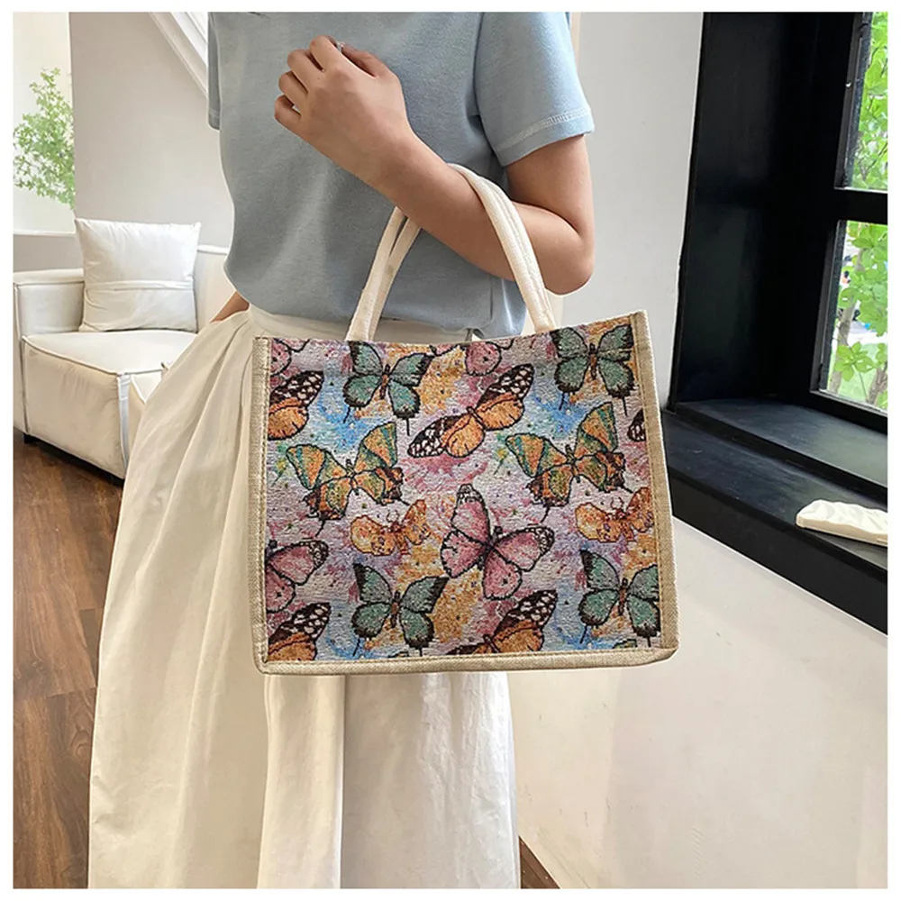 Butterfly Linen Zipper Handbag Women Tote Large Capacity Grocery Bag Gift Bag Beach Organizer Portable Shopping Lunch Bag