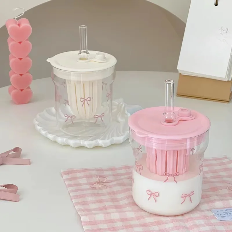 Ins Style Girl Bow Large Capacity Straw Cup Heat-Resistant Glass Water Cup Environment Protection High Appearance Drinking Gift