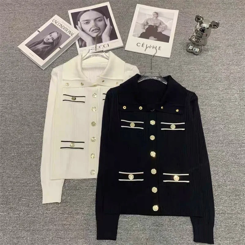 Suéter de malha vintage elegante feminino, manga longa, botões dourados, tops de malha, macacões chiques de senhoras, cardigans para outono, 2024