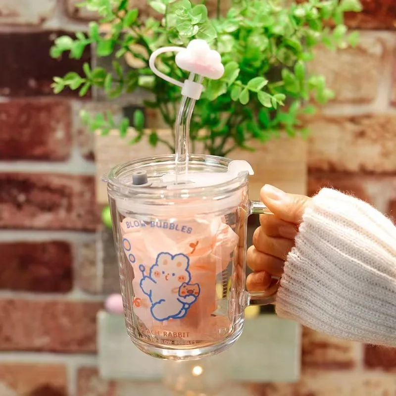 Sanrio Hello Kitty Drinkware Kuromi My Melody Cinnamoroll Glass Water Straw Cup Home Baby Milk Cup Lid Kids Creative