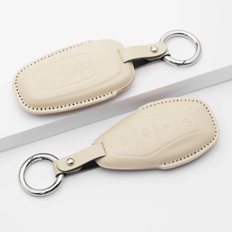 1pc Key Fob Cover Case with Leather Key Holder Keychain for FAW Hongqi 2023 E-HS9 High-end H5 H9 2020-2022 3/4 Button Car Key