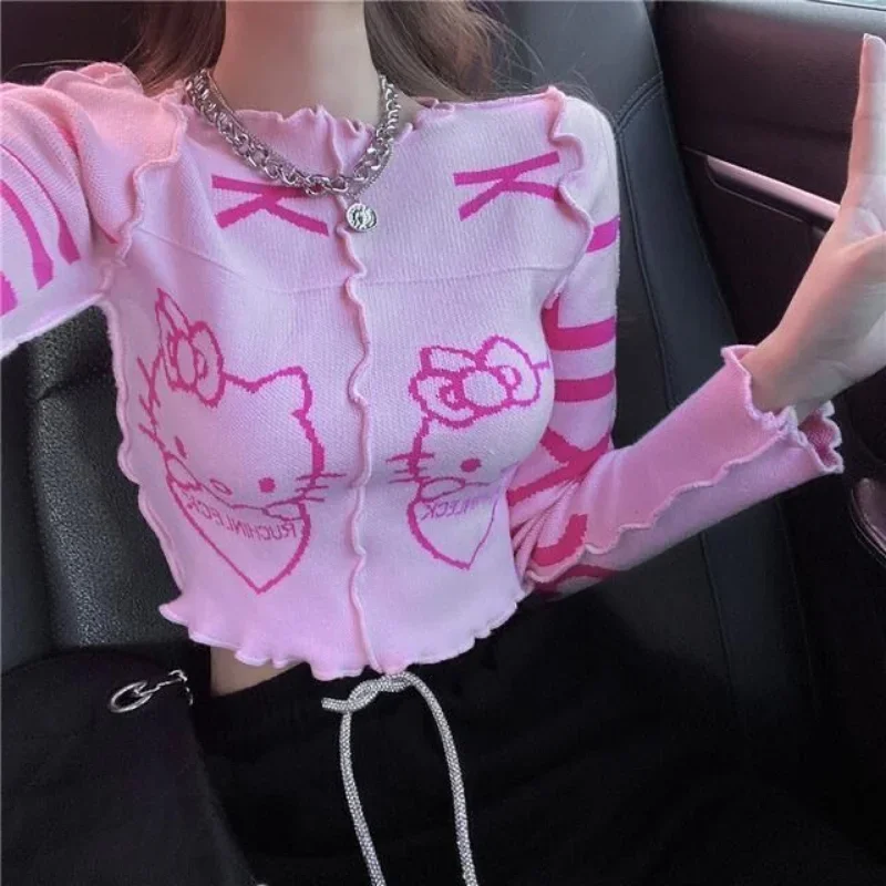 Pink Sweater Women New Spring Autumn Slimming Patchwork Hello Kitty Cartoon Cute Short Crop Knited Sweater Top Streetwear Women