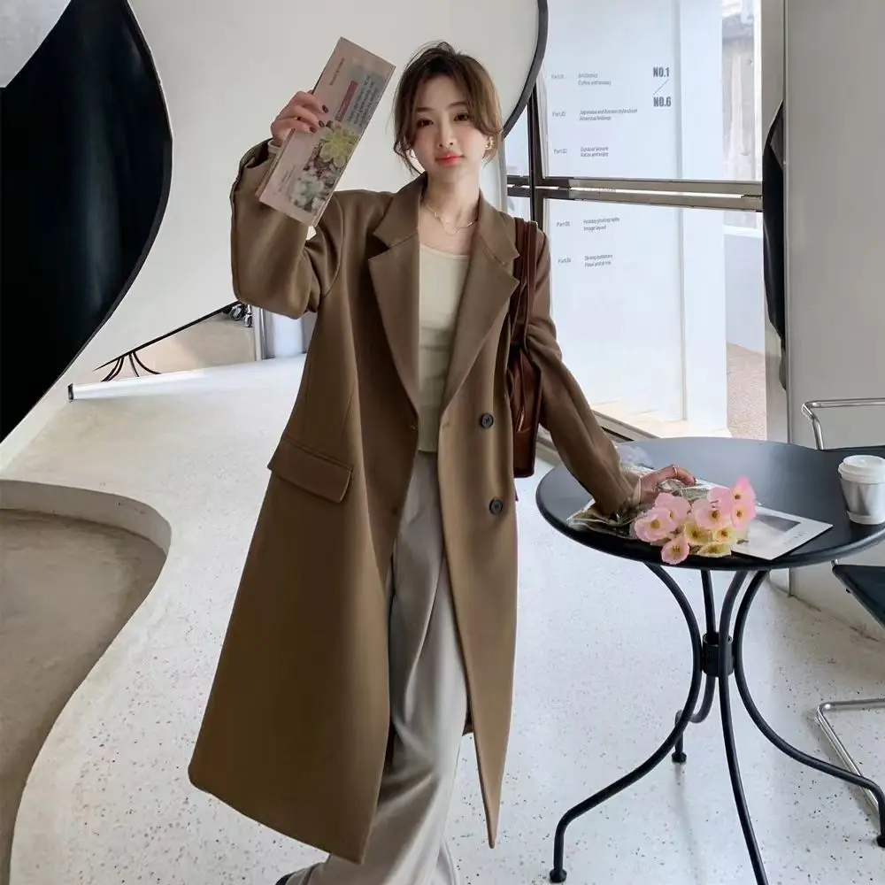 2025 primavera e outono versão coreana de terno longo jaqueta para terno casual feminino temperamento solto sobre o joelho casaco corta-vento