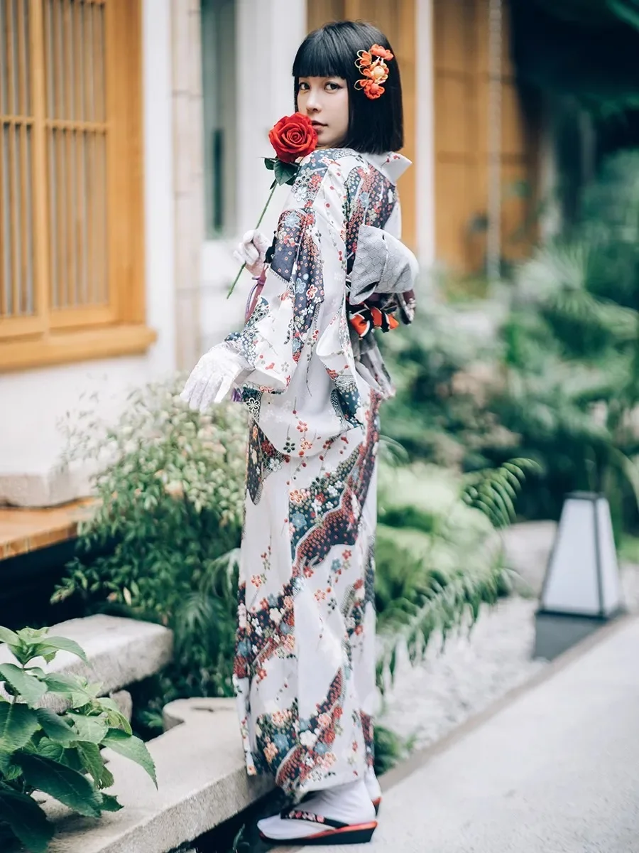 Japan Traditional Kimono with Obi Women Modified Summer Yukata Lovely Floral Prints Photography Dress Cosplay Costume
