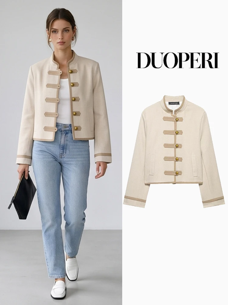 

DUOPERI Women Fashion Khaki Single Breasted Jackets Vintage O-Neck Long Sleeves Female Chic Lady Outfits