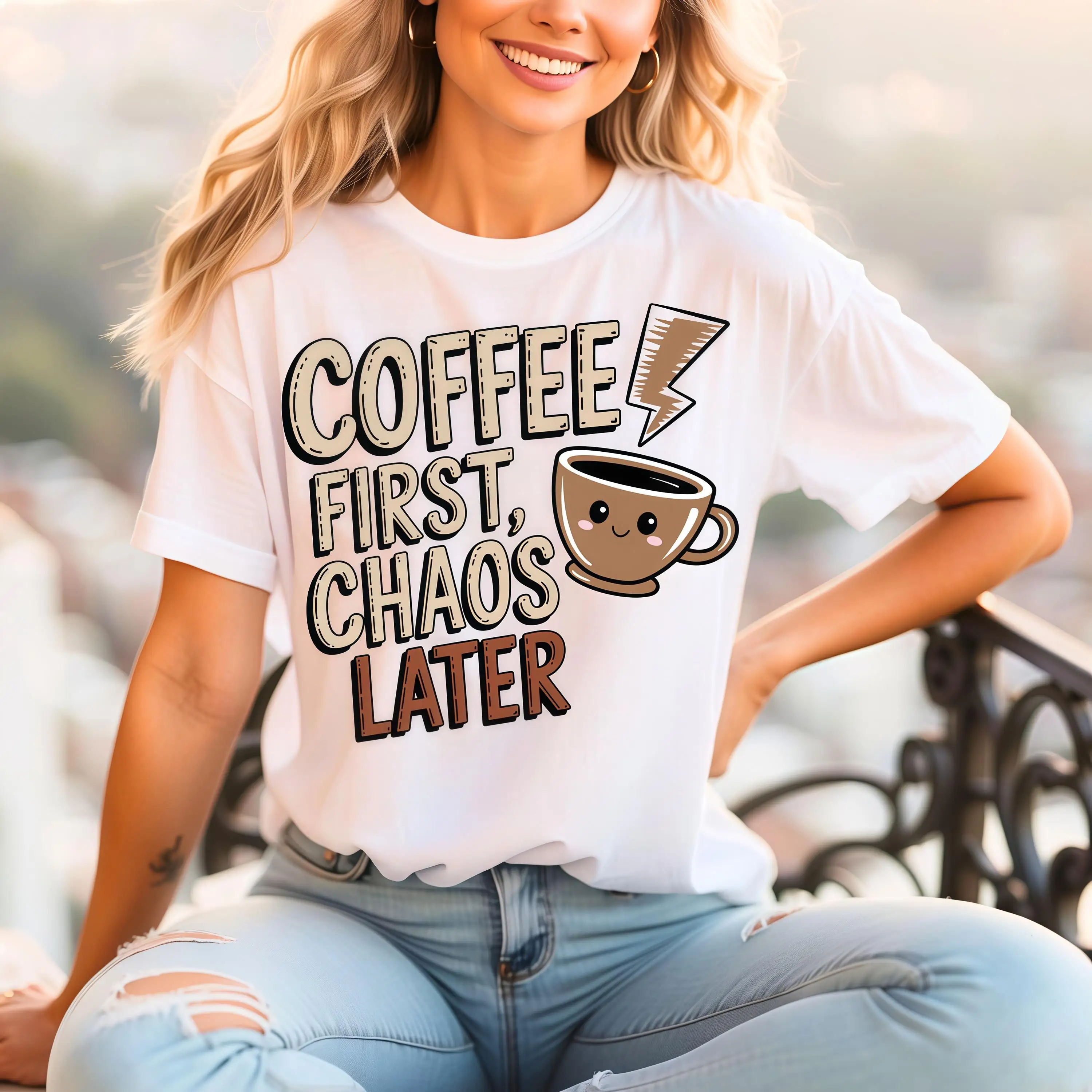 

Funny Coffee First Chaos Later T-Shirt Women Casual Graphic Tee Cute Cartoon Coffee Cup Print Short Sleeve Tops Daily Wear Gift