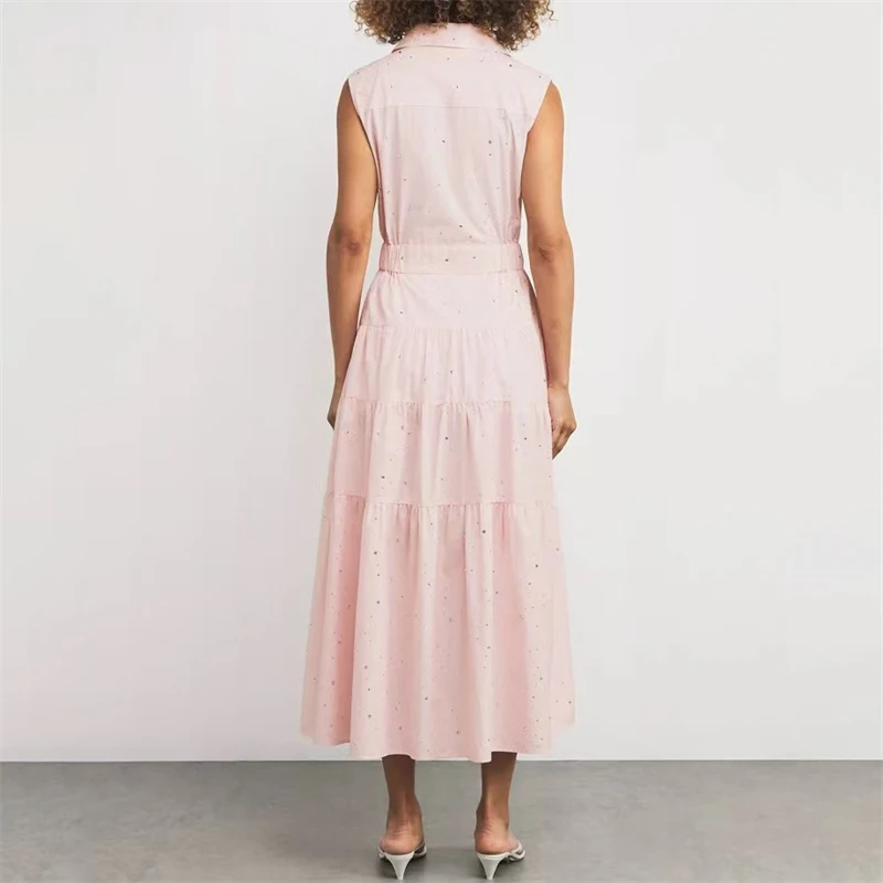 Letnia nowa damska sukienka bez rękawów z klapami i kryształkami na rok 2025, wysokiej jakości i modna długa sukienka z paskiem i wyszczuplającą talią