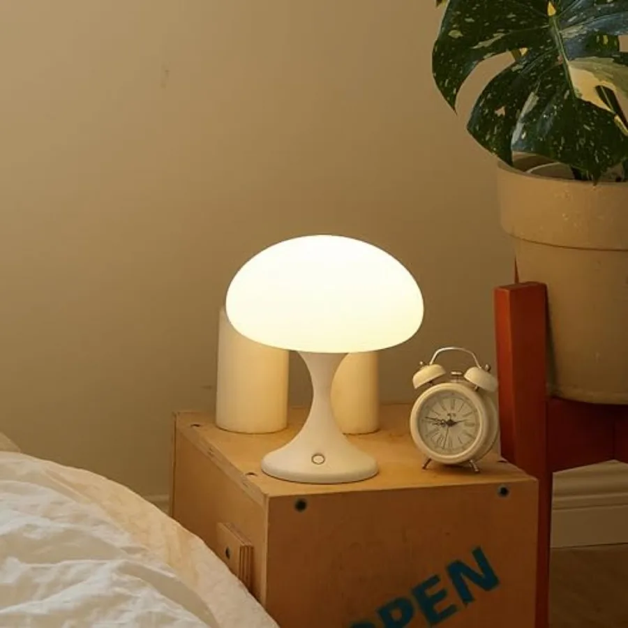 Mushroom Lamp, 5W LED Cordless Rechargeable Table Lamp with Glass Shade, Small Retro Dimmable Touch Light with 3 Color Temps, A