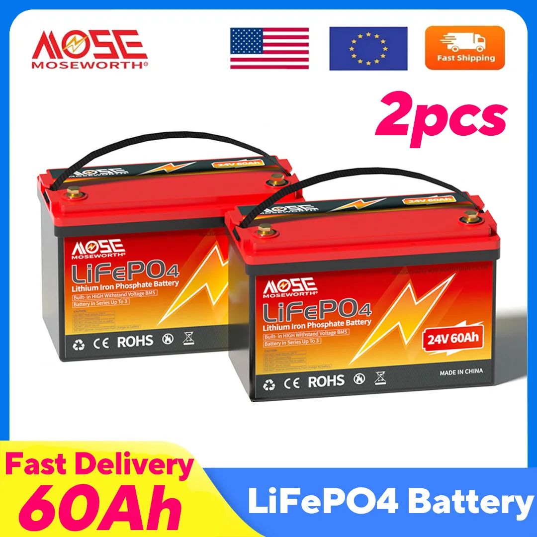 

2 шт. MOSEWORTH 24 В 60 Ач LiFePO4 аккумулятор с 60A BMS 8000 + циклы для кемперов автономная солнечная литий-железо-фосфатная батарея