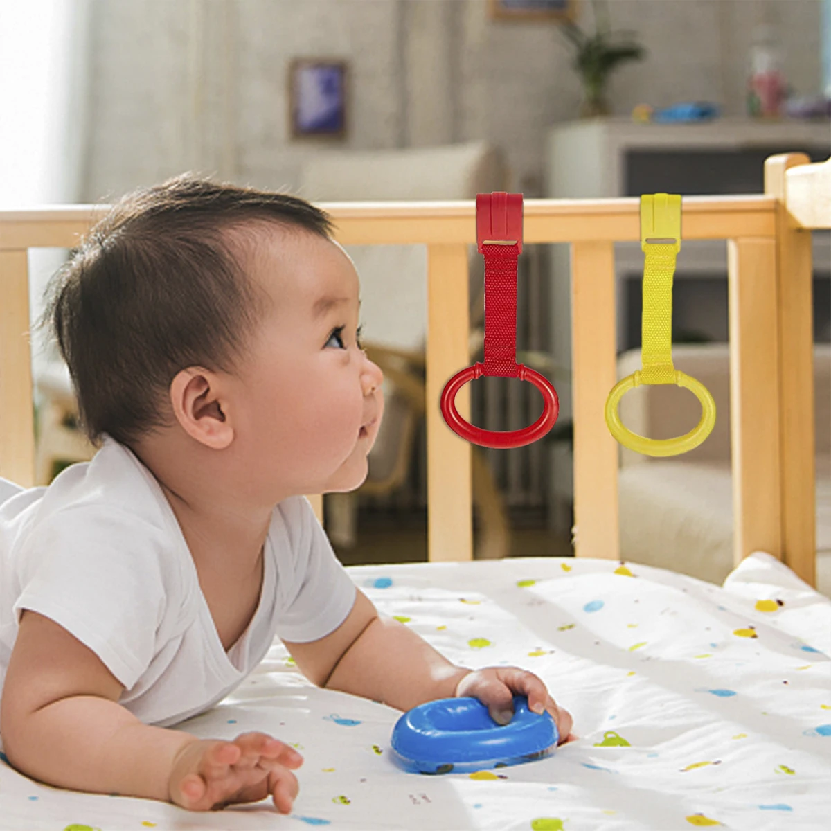 4PCS Baby Crib Pull up Rings Baby Walking Exercises Assistant Cot Hanging Rings Baby Bed Stand Up Rings for Playpen Play Gym