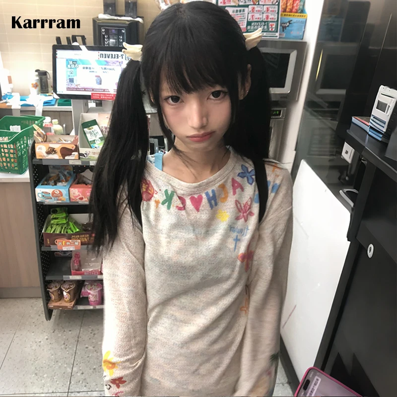 Camiseta Karrram con Estampado de Letras Estilo Y2K Japonés, Vintage Harajuku, Tejido Fino, Estilo Años 2000, Camiseta de Punto con Graffiti Colorido, Estilo Americano