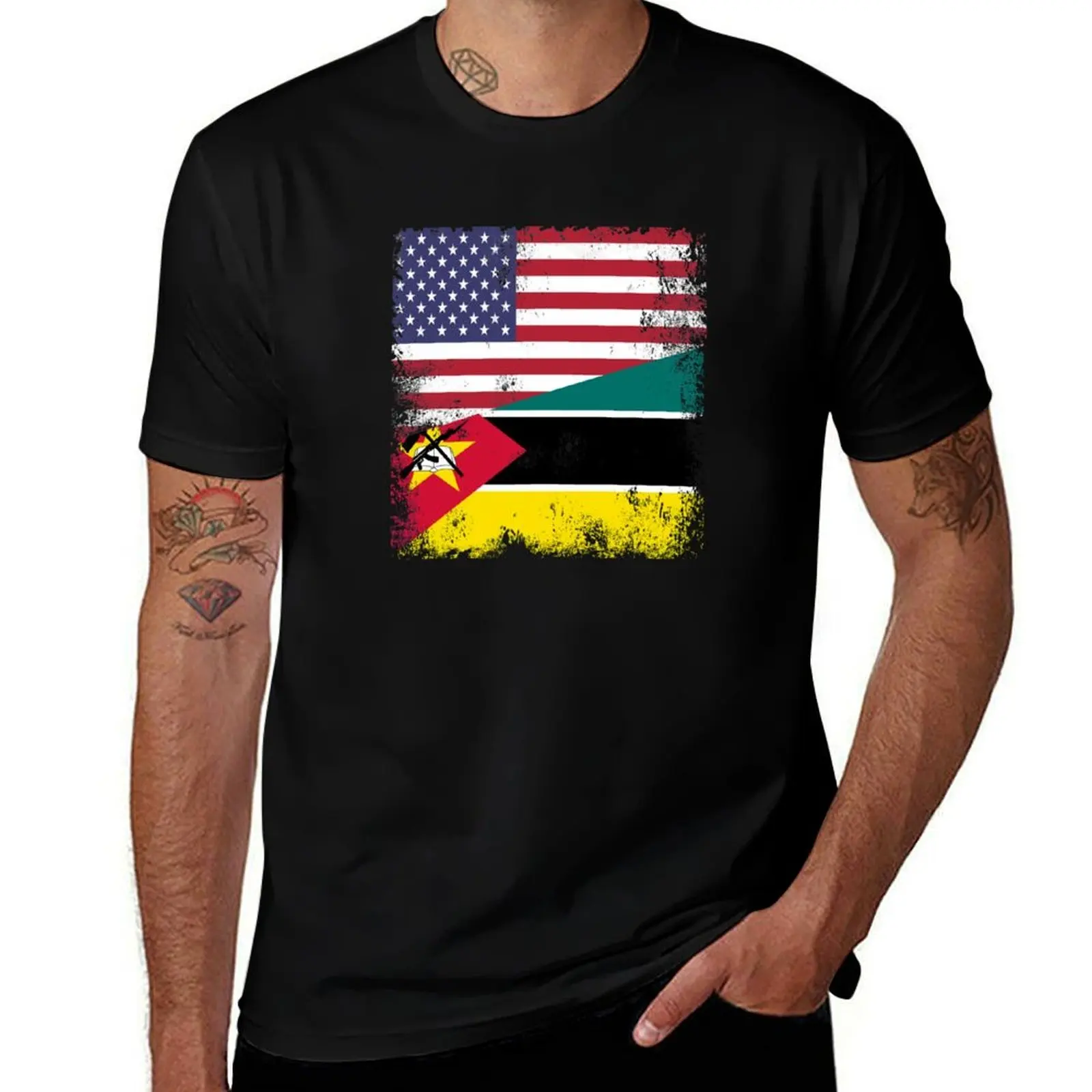 Half Mozambican Flag Design Vintage Mozambique USA Gift T-Shirt Soft Durable Cotton T-Shirt