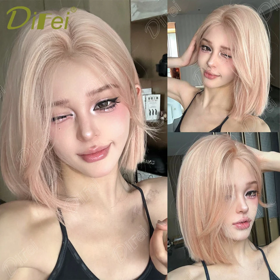 DIFEI Powder Gold Short Hair Synthetic Wig Female Short Hair Summer Barbie Wig Split Bang Joker Full Head Type Wig