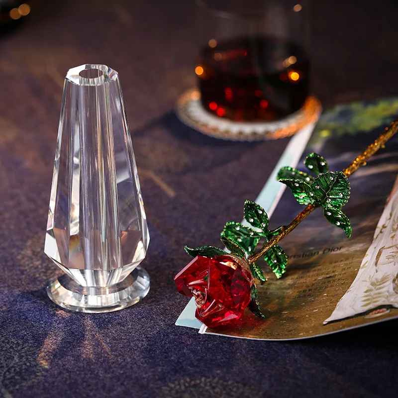 7-Farben-Kristall-Rosenvase-Figur, goldene grüne Blätter, Rose, Ornament, Heimdekoration, Geburtstag, Hochzeit, Geschenk – Detail 7