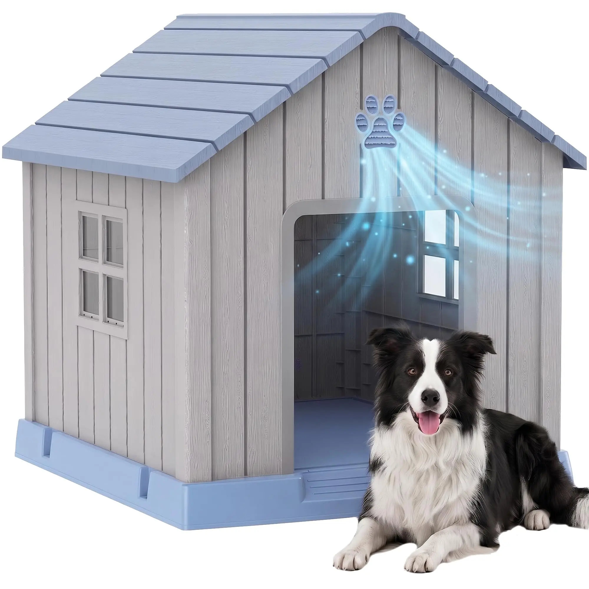 41 Inch Large Dog House Outdoor with Windows, XL,Blue