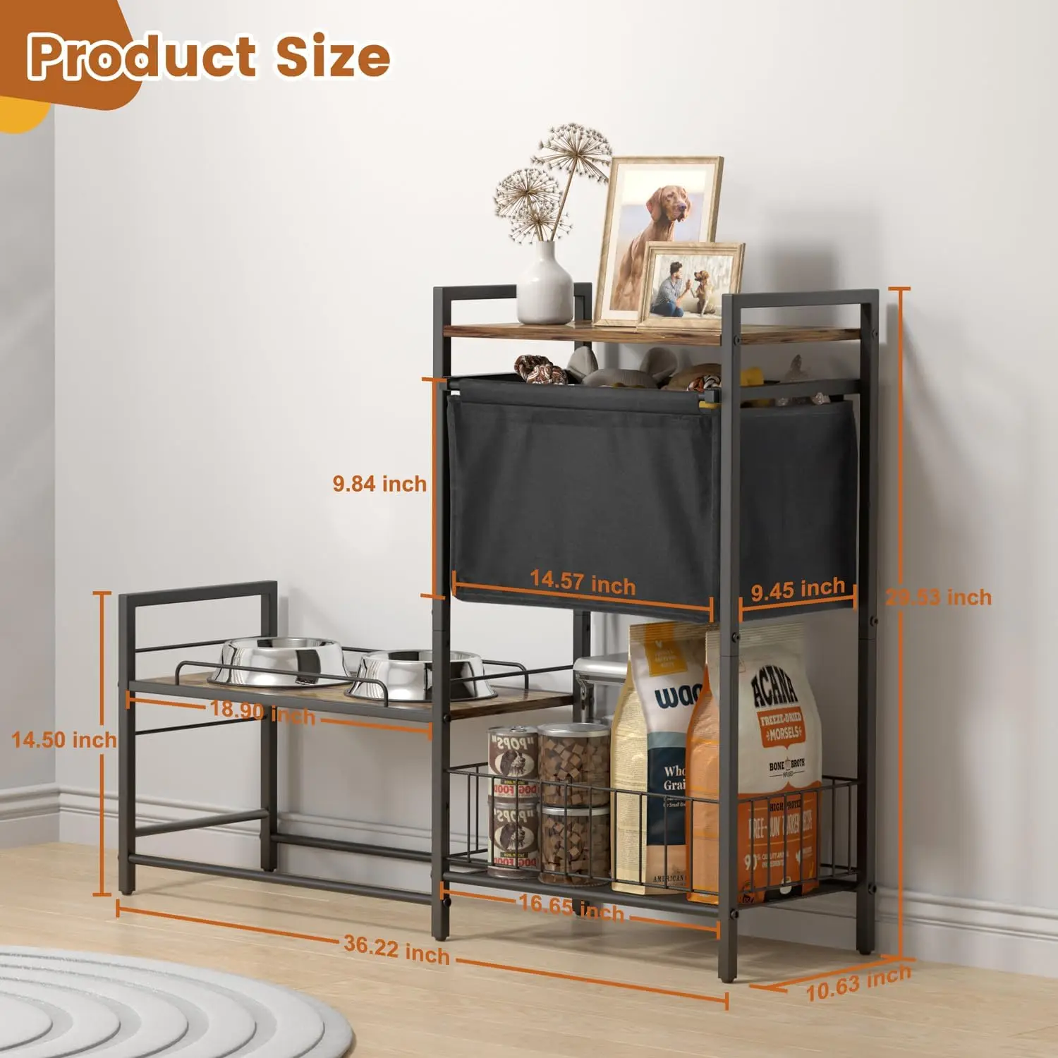 Elevated Dog Bowl Stand with Toy Bin Basket, 4 Height Adjustable Raised Feeding Station Cabinet, Lifted Food and Water Bowl Hold view 6