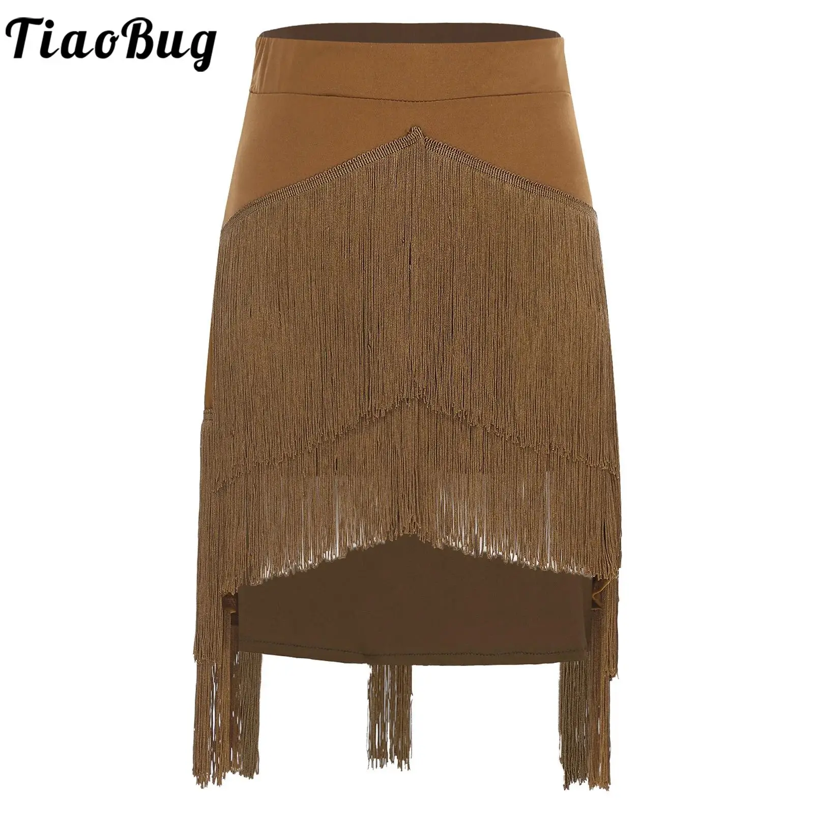 Women Latin Tango Dance Skirt Irregular Hem with Tassel Fringe Skirts with Built-in Shorts for Ballroom Samba Rumba Belly Dance