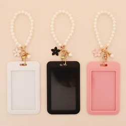 Cute Pearl Keychain Wristlet Lanyard with ID card Holder and Metal Edge Flower Accessories Elegant Chic Gift for Women Mom Wife