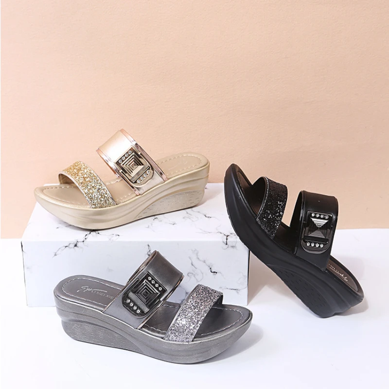 Woman Sandals Gold Open Toe Sandal Glitter Shoes Female 2023 Summer High Heels Sandals Platform Wedges Heeled Pumps Slippers