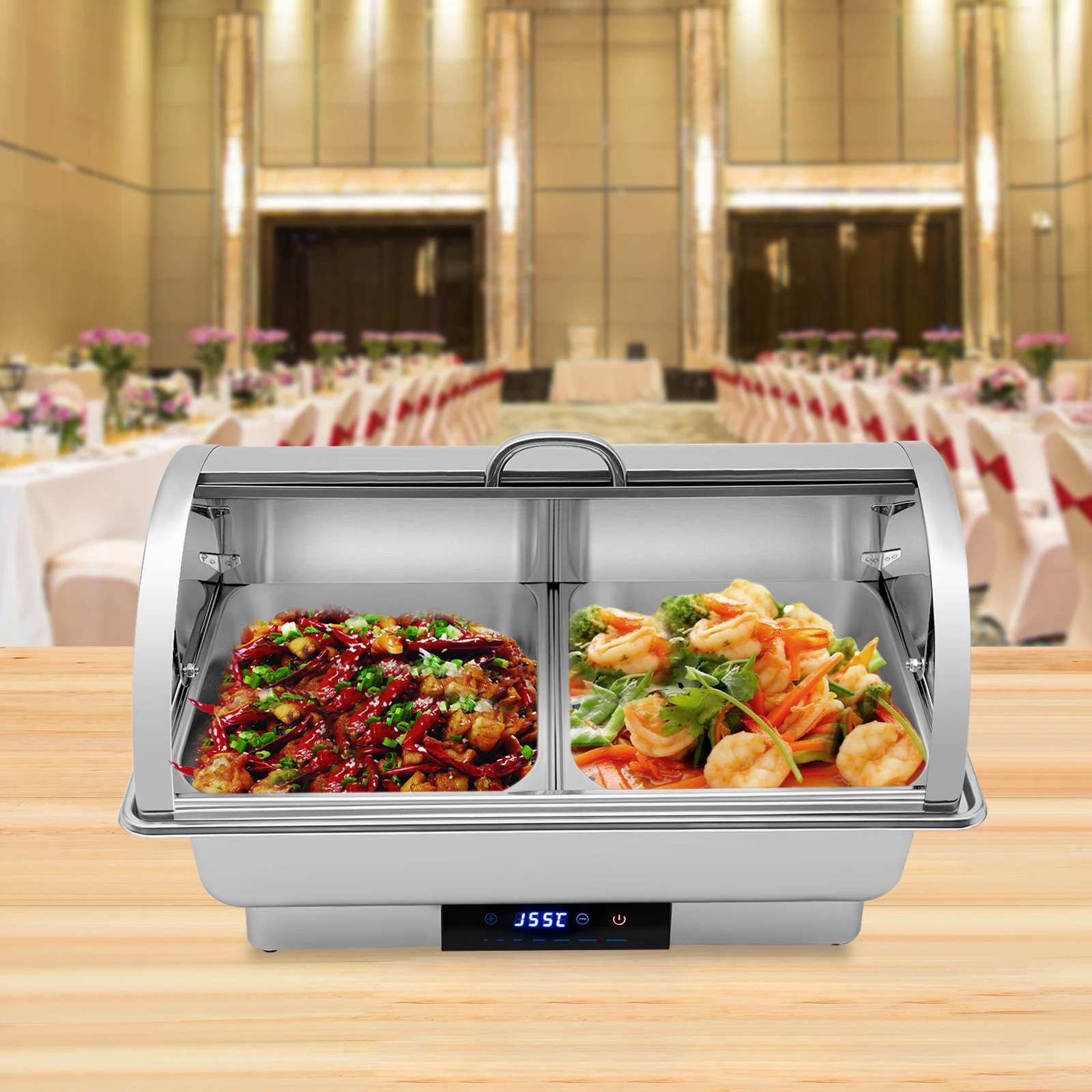 Dual Compartment Chafing Dish Stainless Steel Electric Flip Top Food Warmer Buffet for Wedding Party Gathering Silver