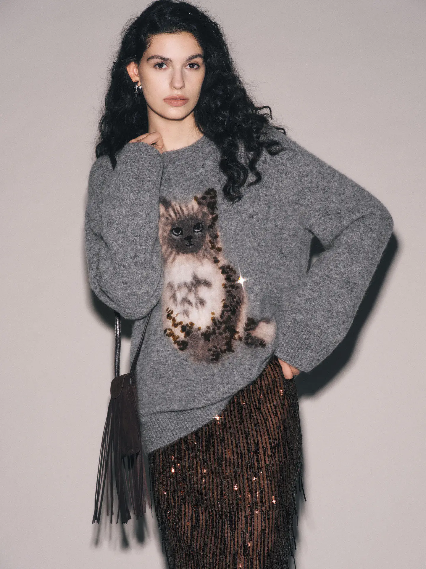 

Вязаный свитер Gatsby с вышивкой бисером и бахромой, ручной работы, из альпаки, с круглым вырезом, повседневный, свободного кроя, женский, зимний, модный