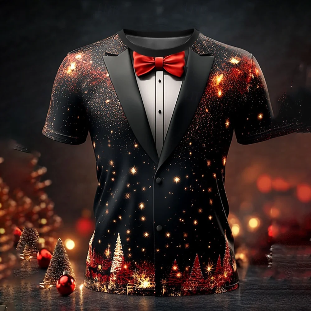 Christmas T-Shirt Tree Snowflake Fashion Casual Tops Men's 3D Print Tee Party Street Red Fake Suit Short Sleeve O-Neck Clothes