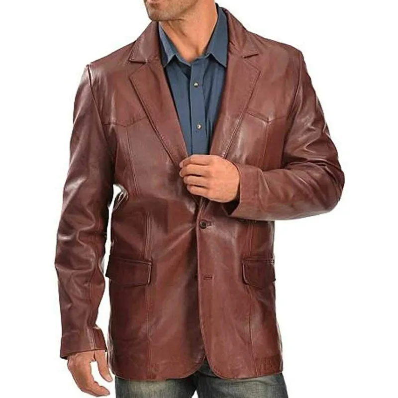 

Latest Men's Lambskin Authentic Real Leather Blazer Coat TWO BUTTON Brown Jacket