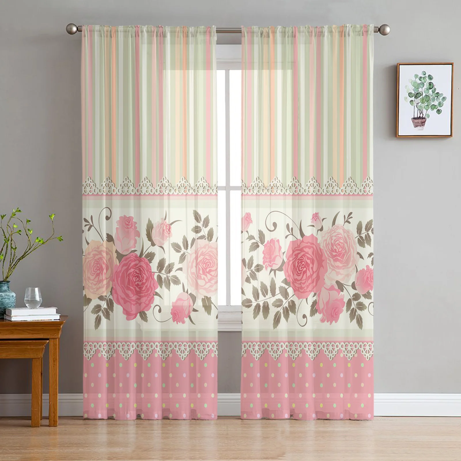 

Rose Flower Pink Lace Stripes Modern Printed Tulle Curtains for Bedroom Balcony Window Decor Creative Fashion Home Sheer Curtain