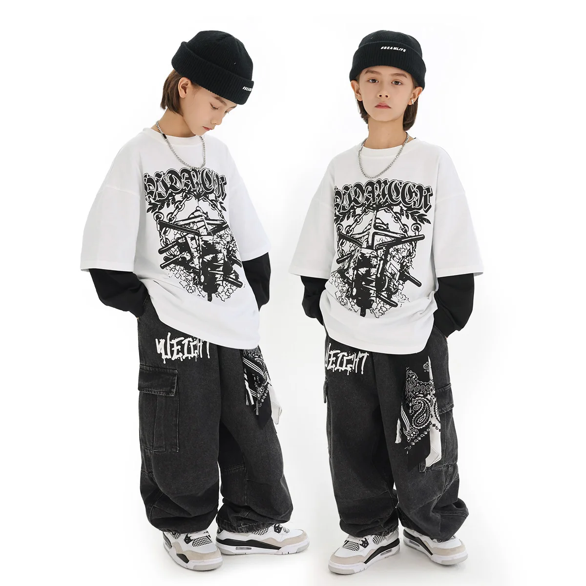2025 novos meninos trajes de dança jazz solto impressão camiseta jeans crianças dança rua hip hop dança grupos trajes palco dn21859
