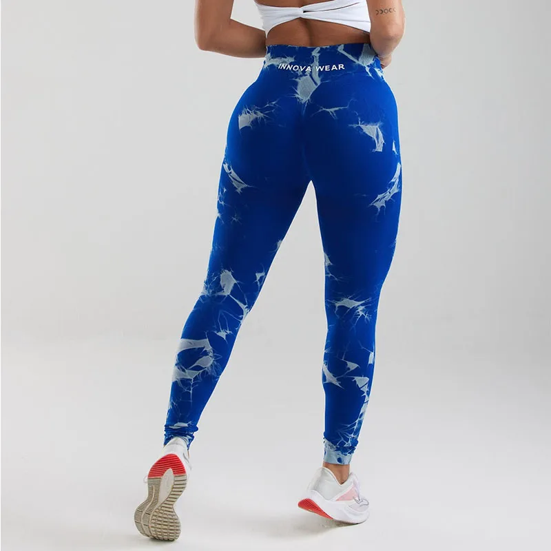 INNOVA WEAR Women Tie-Dye Yoga Pants Deep Blue Lightning Marble Scrunch Butt Leggings Women Gym Fitness Leggins Workout Pants