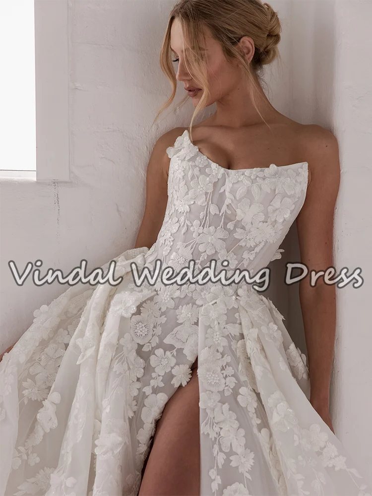 فساتين زفاف Vindal من الدانتيل بدون حمالات بفتحة عالية فساتين زفاف طويلة متدفقة فستان حفلات أنيق للعرائس حسب الطلب #4