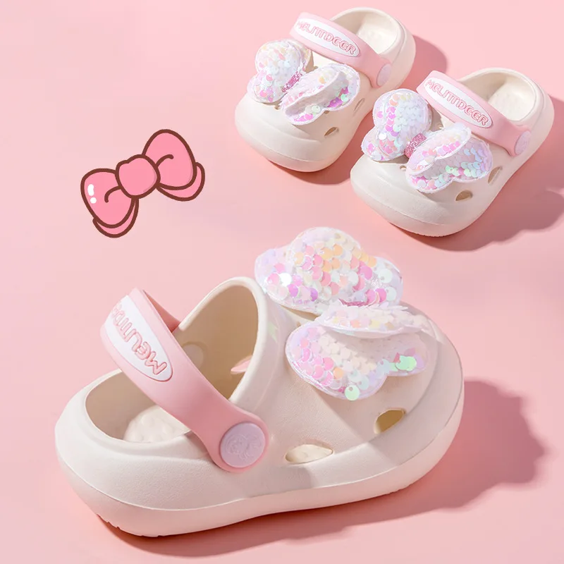 Summer New 3-6 Years Old Children Slippers Cute Cartoon Hole Shoes Girls Sequin Breathable Hollow Sandals