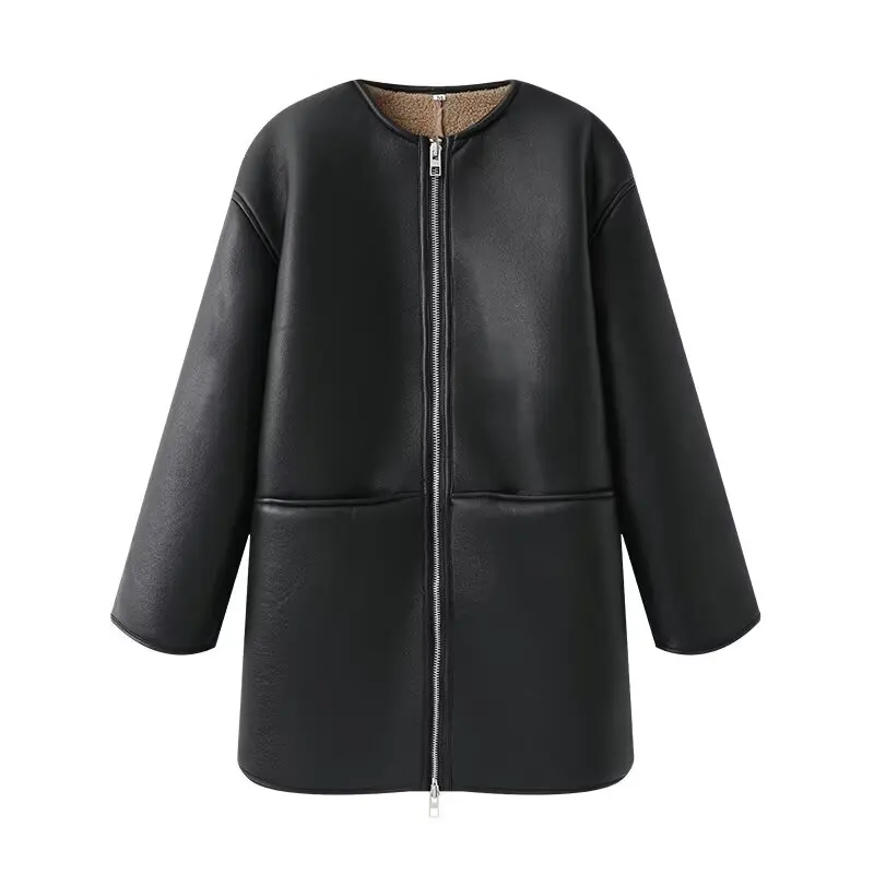 Leather Jackets Women's Thick Warm Faux Pu Outwear Black Winter Streetwear Outerwear Long Sleeve Tops Solid 2024 inszart Coat