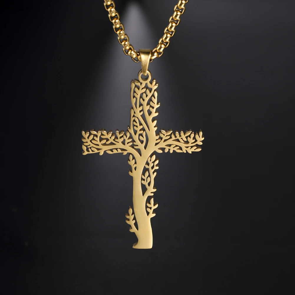 Tree of Life Cross Pendant Necklace for Men Women New Fashion Stainless Steel Gold Color Box Chain Necklace Jewelry Party Gift