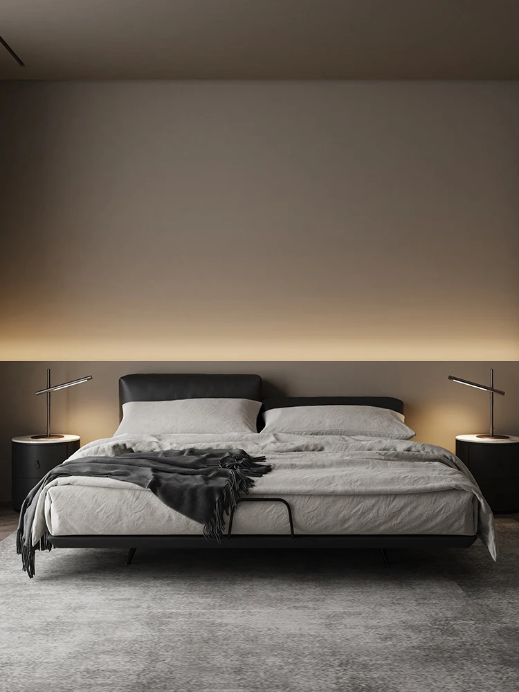 High and low headboard leather suspension bed Master bedroom luxury modern leather bed with induction lamp.