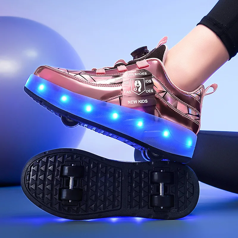 Four Wheels LED Children Flash Shoes Rechargeable Light Shoes Kids Roller Skates Boys & Girls Women Button Sneakers Size 30-40