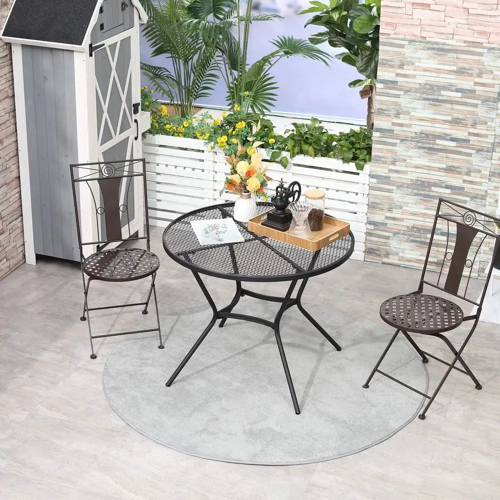 

35 Round Outdoor Patio Bistro Dining Table, French Cafe Style, Conversation Space, Fast Drying Metal Mesh Tabletop for Garden,