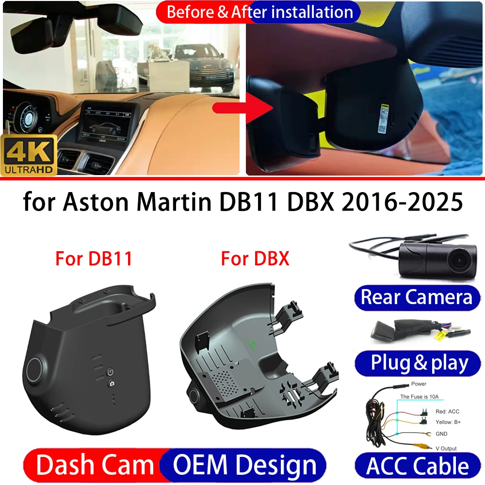 Dash Cam for Aston Martin DB11 DBX 2016-2025 Front＆Rear 4K UHD DVR Dashboard Camera Video Recorder Night Vision 24H Parking